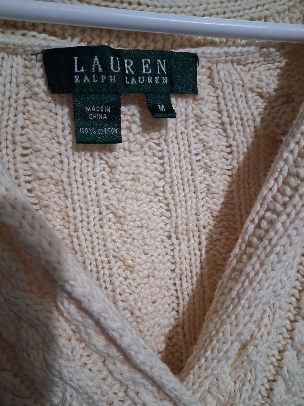 Lauren Ralph Lauren Ivory Cable-Knit V-Neck Cotton Sweater